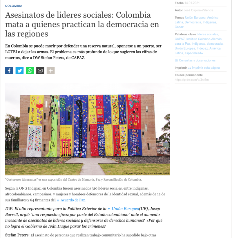 Captura de DW online con entrevista a Stefan Peters sobre asesinatos de líderes sociales en Colombia