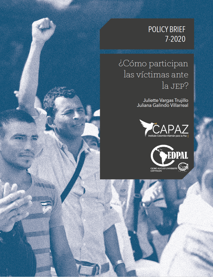 Portada cover del Policy Brief CAPAZ línea azul PB7-2020 sobre participación de víctimas en la JEP