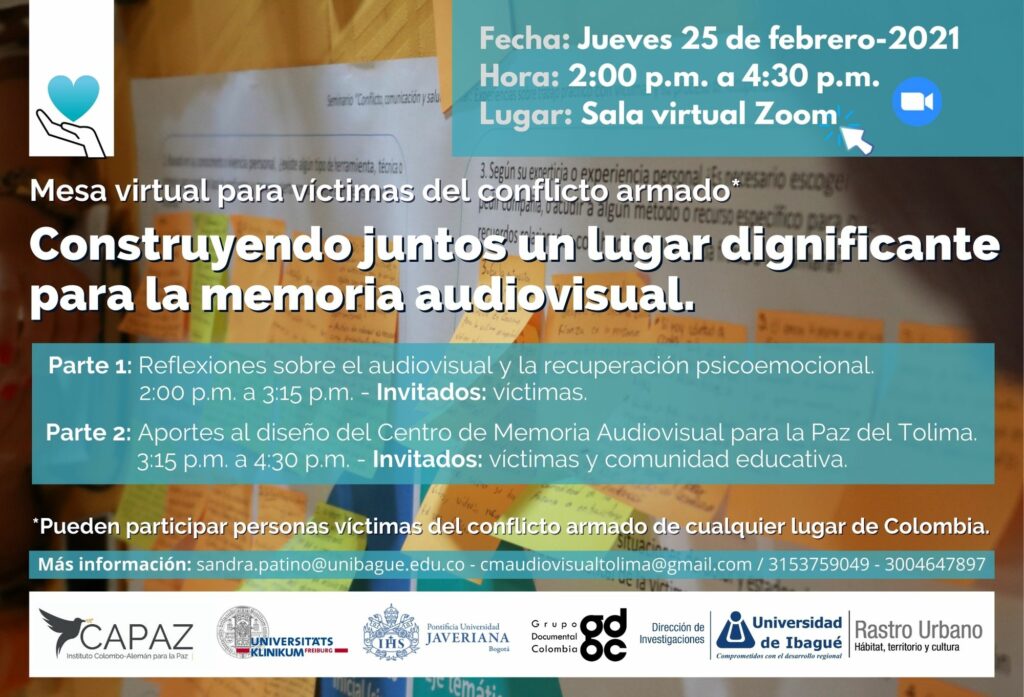Flyer pieza promocional evento con víctimas sobre memoria audiovisual y recuperación psicoemocional en Universidad de Ibagué