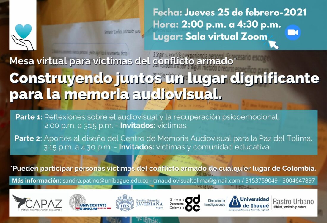 Flyer pieza promocional evento con víctimas sobre memoria audiovisual y recuperación psicoemocional en Universidad de Ibagué