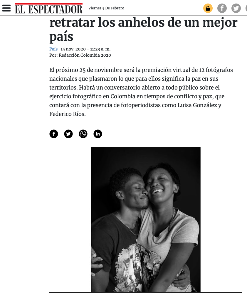 Articulo Colombia 2020 El Espectador con Federico Rios y Luisa González sobre Instantáneas de paz