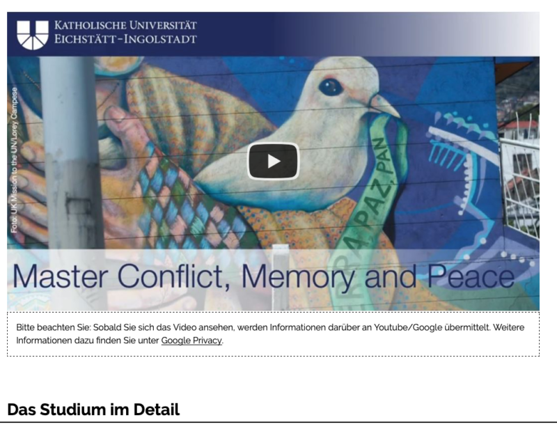 Homepage maestría con doble titulación de la Universidad del Rosario y la KU Eichstätt-Ingolstadt en conflicto, memoria y paz