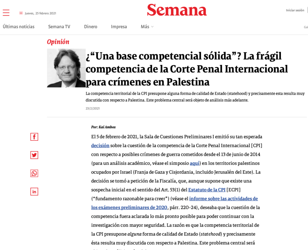 Kai Ambos opina en columna en Revista Semana sobre decisión de competencia de la Corte Penal Internacional CPI en casos en Palestina.