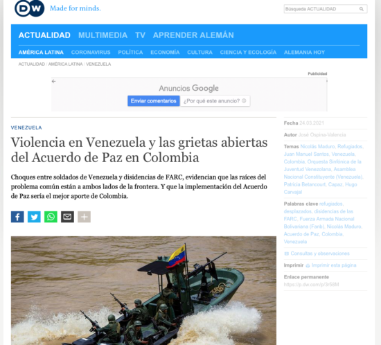Deutsche Welle publica artículo sobre situación en marzo de 2021 en frontera entre Colombia y Venezuela y consulta para ello al director de CAPAZ, Stefan Peters.