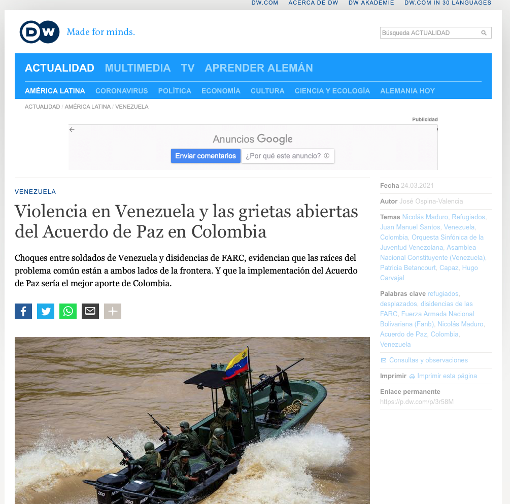 Deutsche Welle publica artículo sobre situación en marzo de 2021 en frontera entre Colombia y Venezuela y consulta para ello al director de CAPAZ, Stefan Peters.