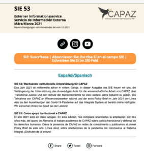 El SIE es el servicio de información externa del Instituto CAPAZ, boletín mensual con novedades académicas, laborales, artísticas y de cooperación colombo-alemana en los temas de La Paz.