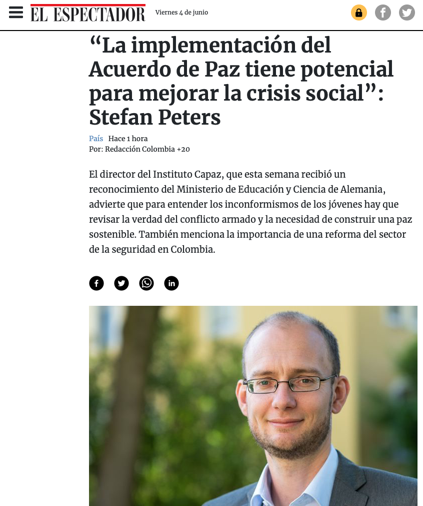 Stefan Peters es director del instituto colombo-alemán para La Paz CAPAZ.