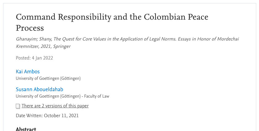 Recent publication by Kai Ambos and Susann Aboueldahab on command responsibility and the Colombian peace process