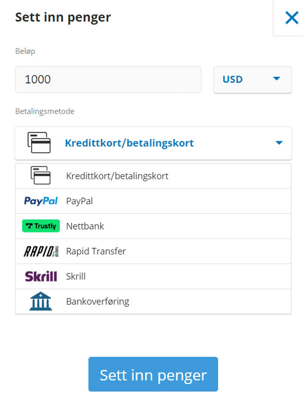 Sett inn penger eToro.