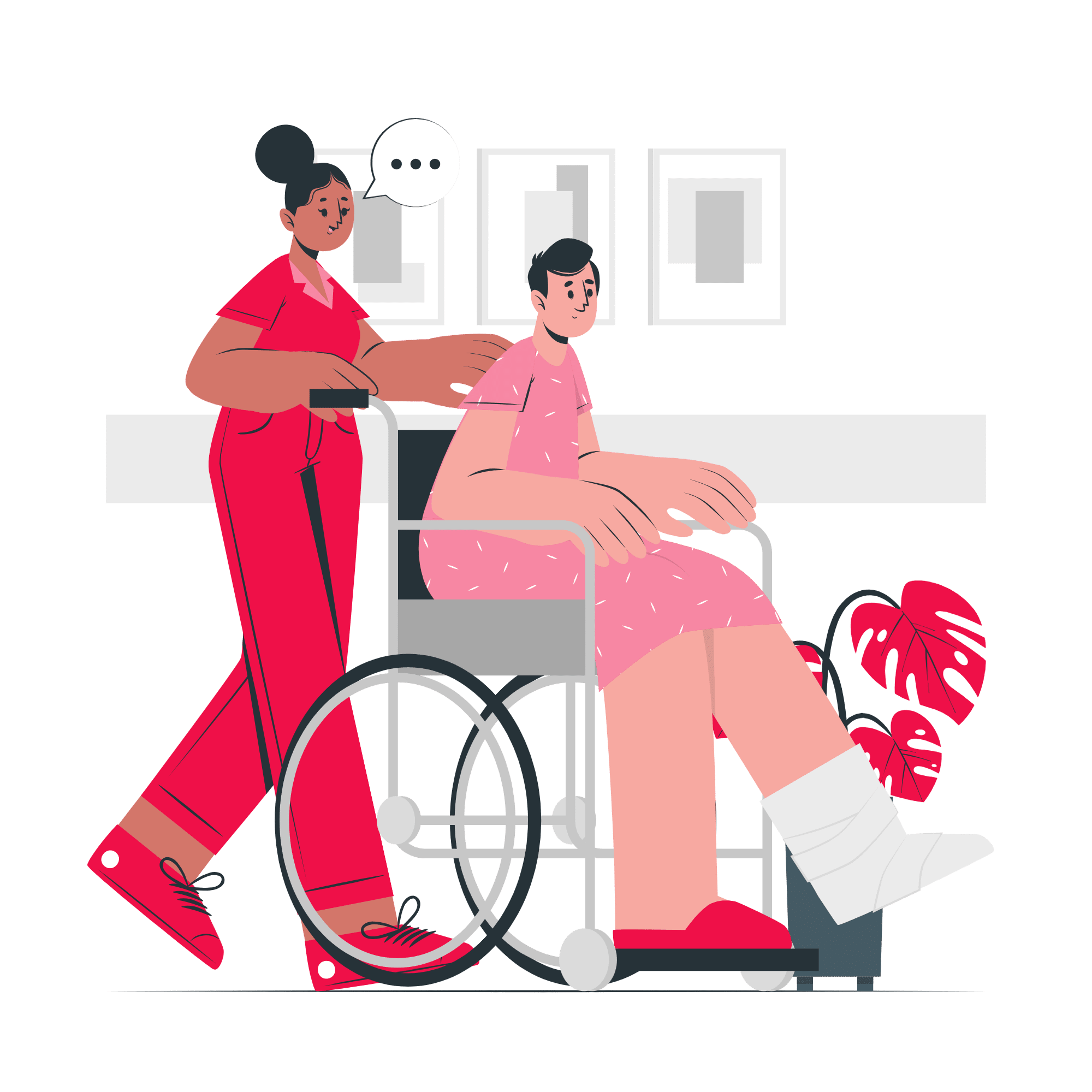 Image description: A caregiver and a disabled person with a visible emergency response system, showcasing preparedness and support during emergencies.