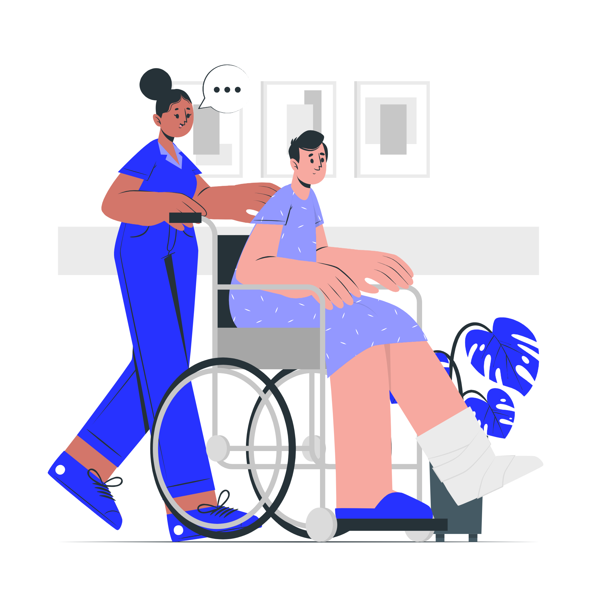 Image of a assisted scene with a person in a wheelchair accompanied by a caretaker, emphasizing accessibility and patient care.