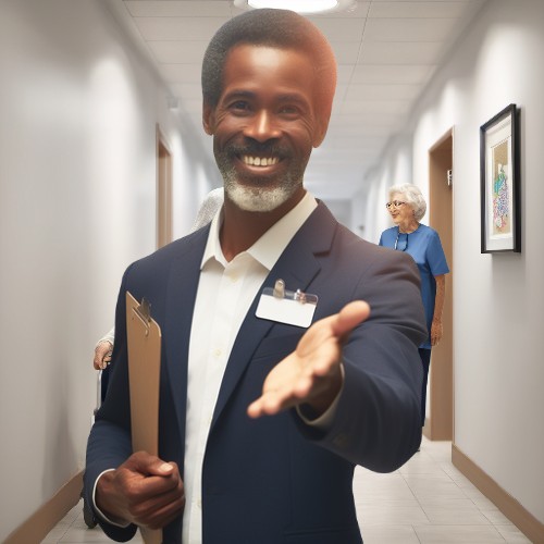 Image description: A care assistance facility manager extends their arm, presenting a variety of package services. The gesture highlights the range and accessibility of services offered.