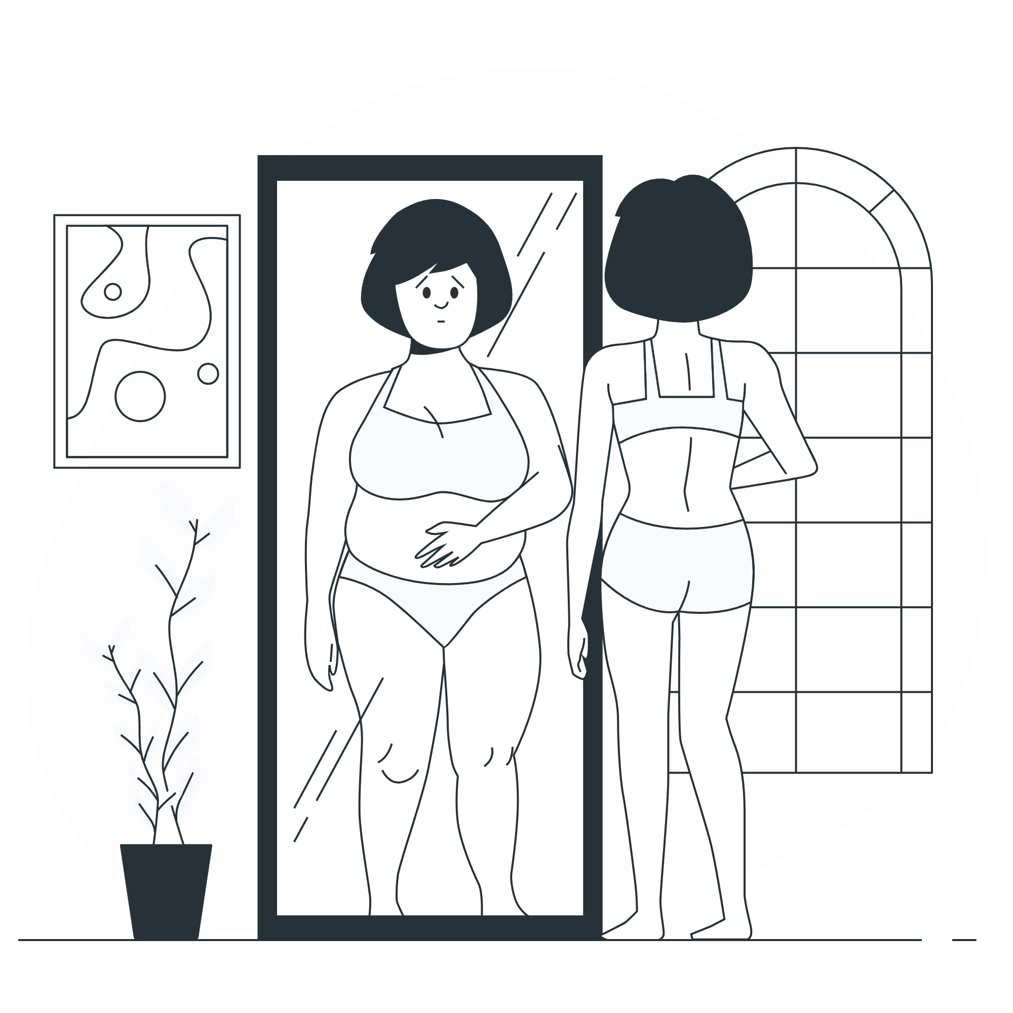 Image representing eating disorder awareness: A person looking at the mirror and seeing herself an oversize weight, highlighting empathy and recovery