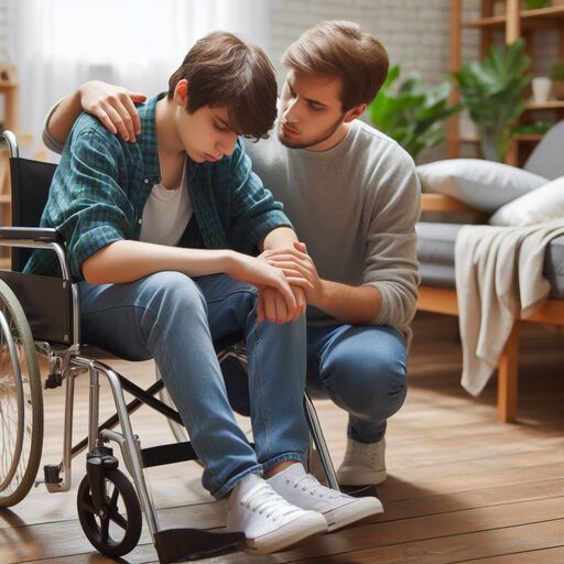 Image depicting a person with a disability being assisted by a carer: An individual showcasing resilience and capability, emphasizing diversity and inclusion.