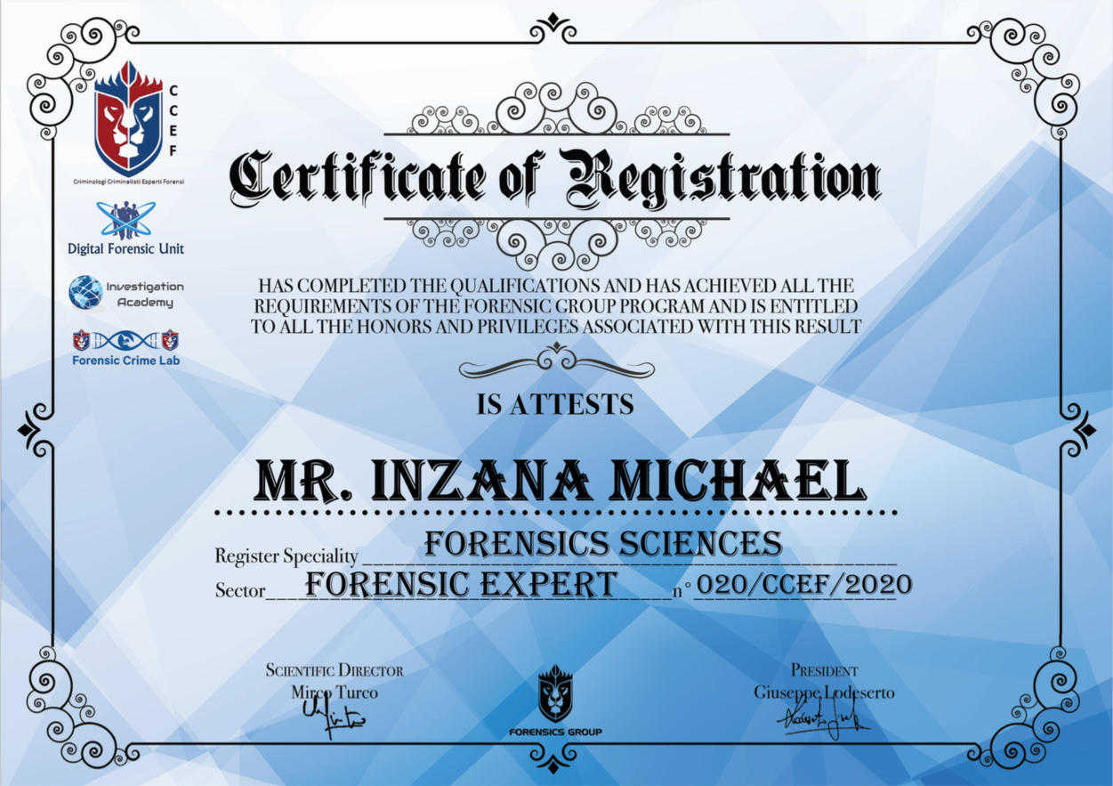Certificate Science Forensic Inzana Martial Arts Academie