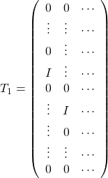 \[T_1=\left(\begin{array}{ccc}0&0&\cdots\\ \vdots& \vdots&  \cdots\\ 0&\vdots&\cdots\\I&\vdots&\cdots\\0&0&\cdots\\ \vdots&I&\cdots\\\vdots&0&\cdots\\\vdots&\vdots&\cdots\\0&0&\cdots\end{array}\right)\]