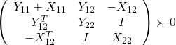 \left(\begin{array}{ccc}Y_{11}+X_{11}&Y_{12}&-X_{12}\\ Y_{12}^T&Y_{22}&I\\-X_{12}^T&I&X_{22}\end{array}\right)\succ0