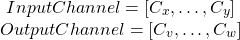 \[\begin{array}{c} InputChannel=[C_x,\ldots,C_y]\\OutputChannel=[C_v,\ldots,C_w]\end{array}\]