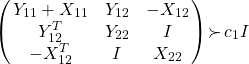 \[\left(\!\!\begin{array}{ccc}Y_{11}+X_{11}&Y_{12}&-X_{12}\\Y_{12}^T&Y_{22}&I\\-X_{12}^T&I&X_{22}\end{array} \!\!\right)\!\succ\!c_1I\]