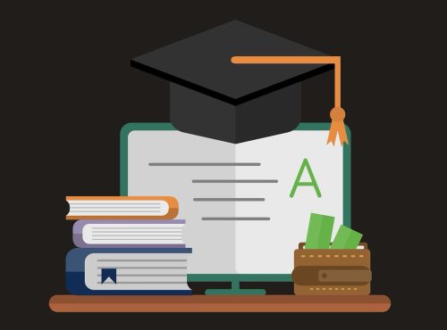 A-student En uppslagen bok med ett stort grönt A på pappret. På boken har en studentmössa placerats. Till höger om boken är en hög med stängda böcker staplade på varandra.