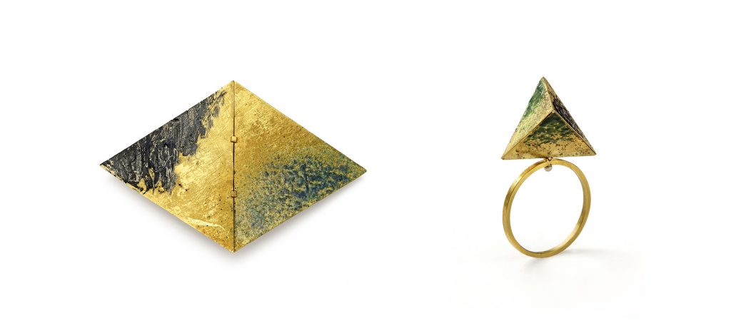 Graziano Visintin, Brosche, Gold, Emaille, Niello, 2004 | Ring, Gold, Emaille, 2010