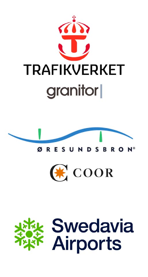 Kundlogos: Trafikverket/Granitor, Øresundsbron/Coor, Swedavia airports