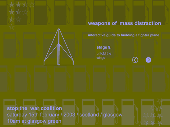 "weapons of mass distraction" animated flyer for the 'stop the war coalition' protest, 15th february 2003, glasgow green"