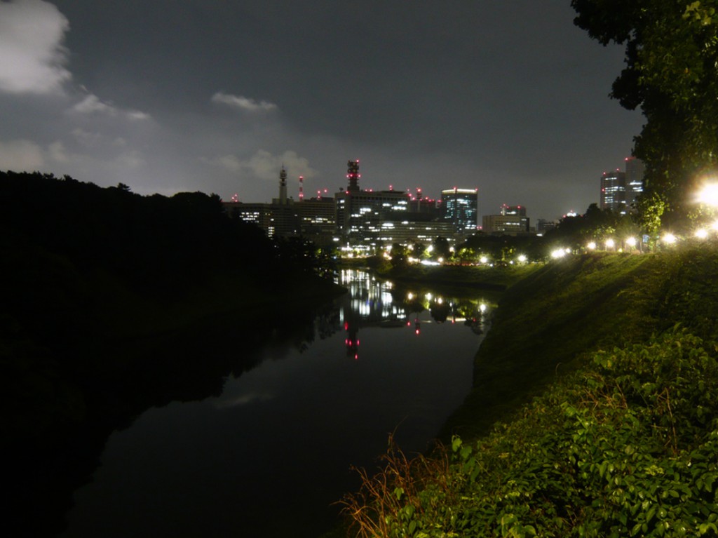 night scene of modern buildings and steet lights refelcted in a moat around a park