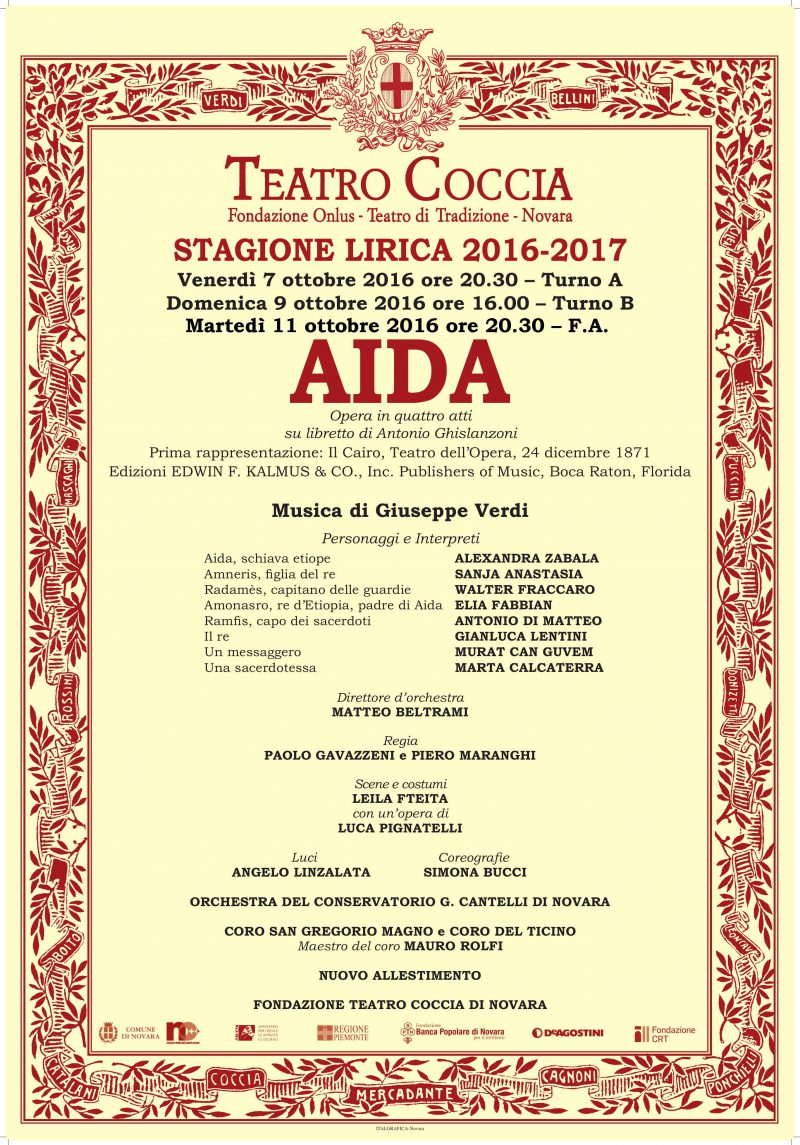 Teatro Coccia, Novara: nuova replica per “AIDA”, opera che inaugura la stagione 2016/2017