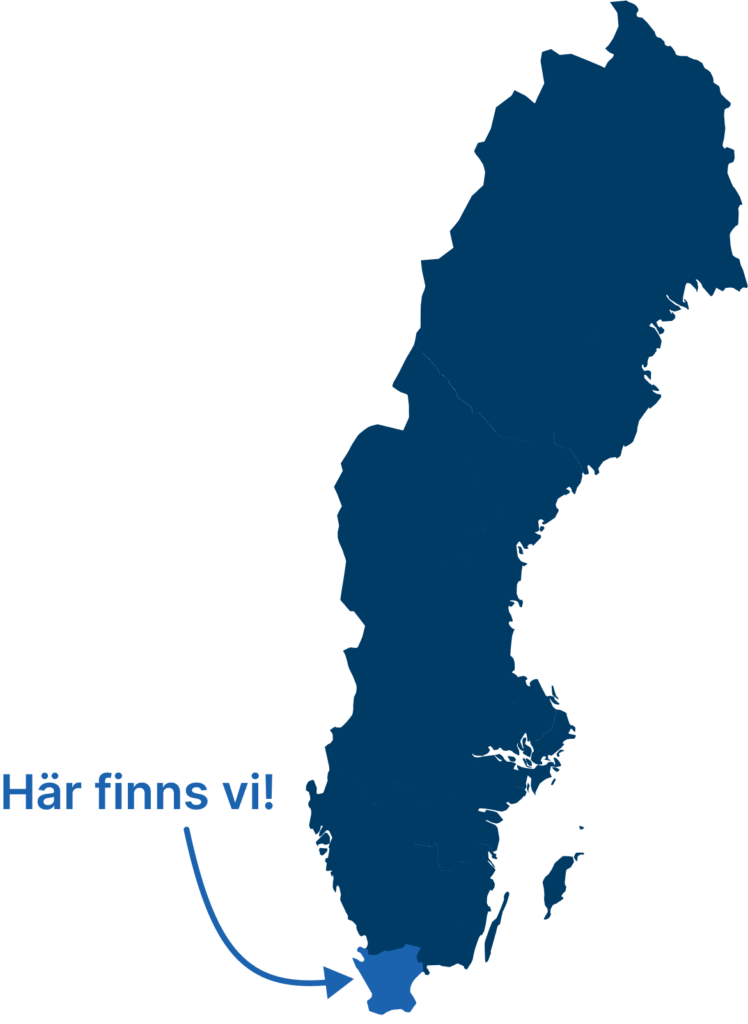 Karta över Sverige som pekar på Skåne där vi erbjuder professionell IT-support.