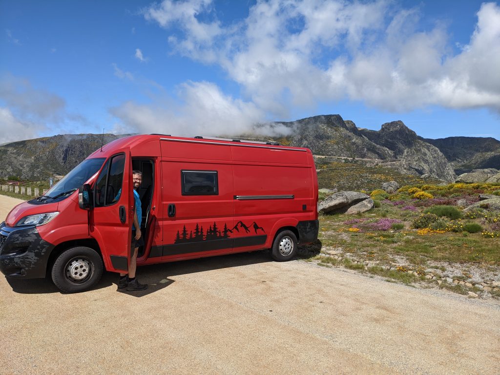 Side view of the van with Rene in the door opening, middle in the Serra da Estrela