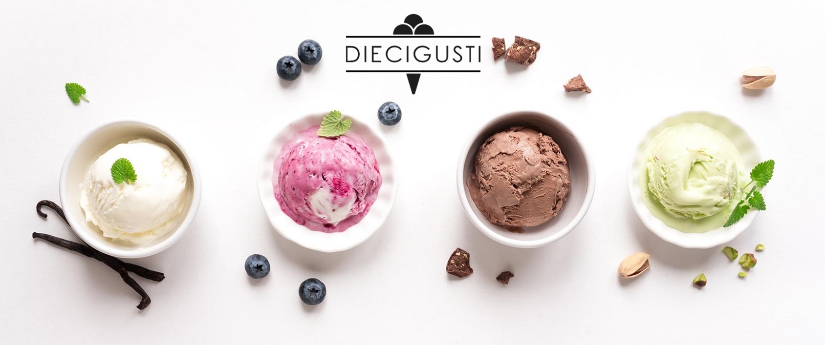 Diecigusti logo and photos of four different flavours of ice cream in small bowls with fresh ingredients scattered around them