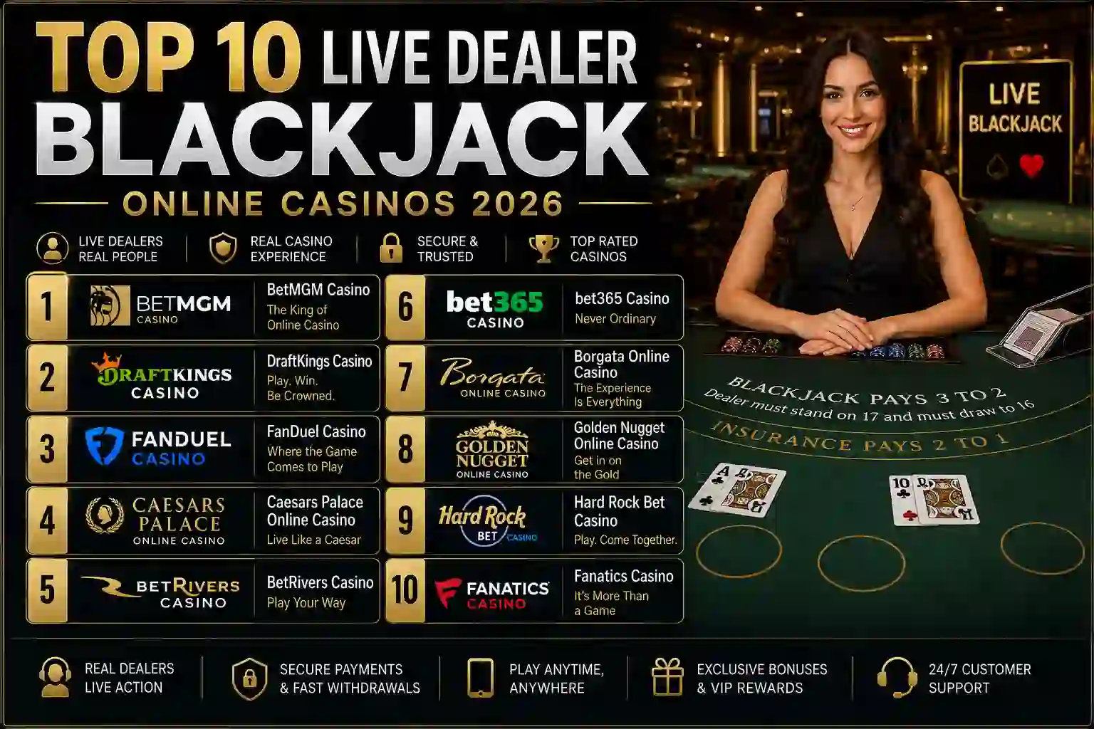 Top 10 Live Dealer Blackjack Online Casinos 2026