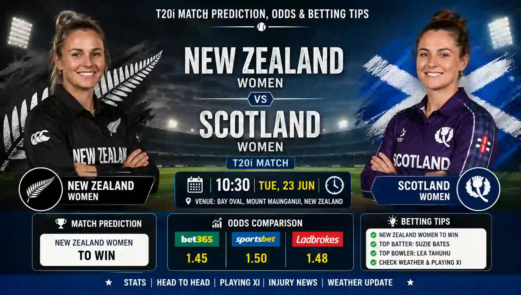 New Zealand Women vs Scotland Women T20i Match Prediction, Odds & Betting Tips