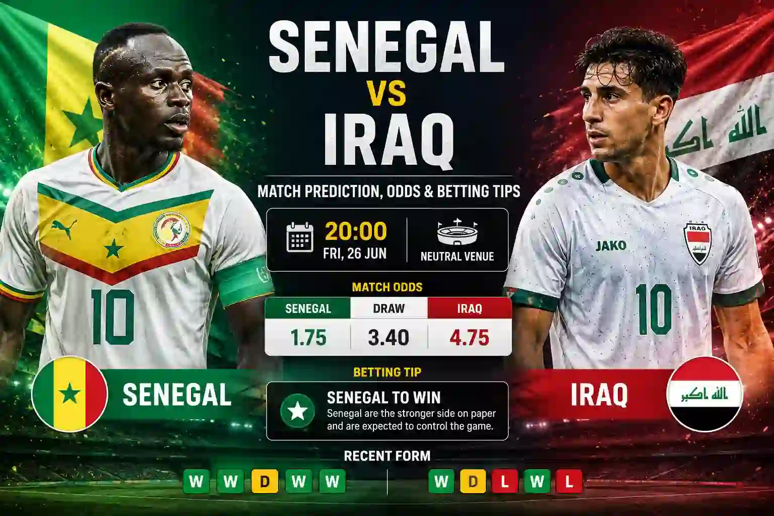Senegal vs Iraq Match Prediction, Odds & Betting Tips