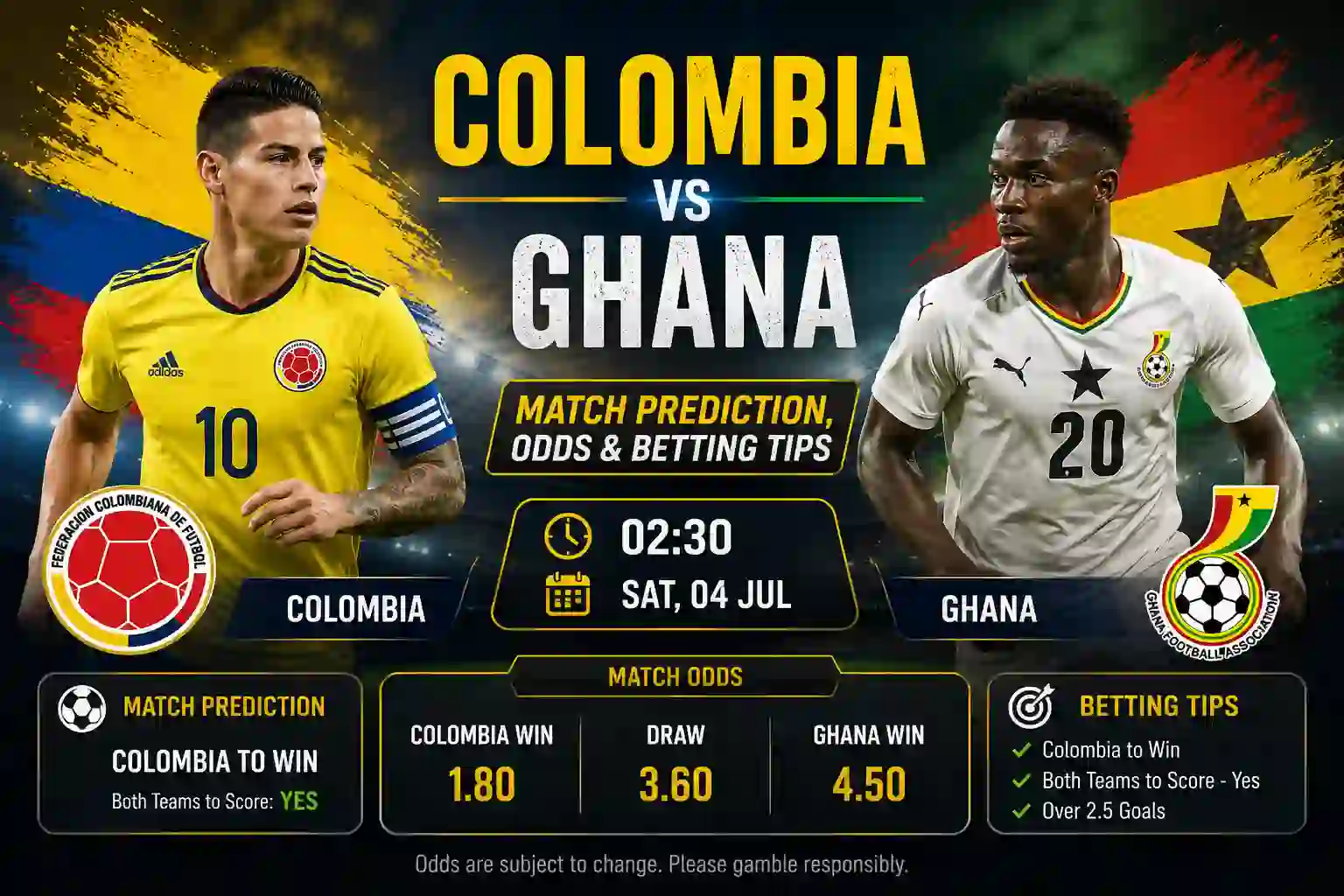 Colombia vs Ghana Match Prediction, Odds & Betting Tips