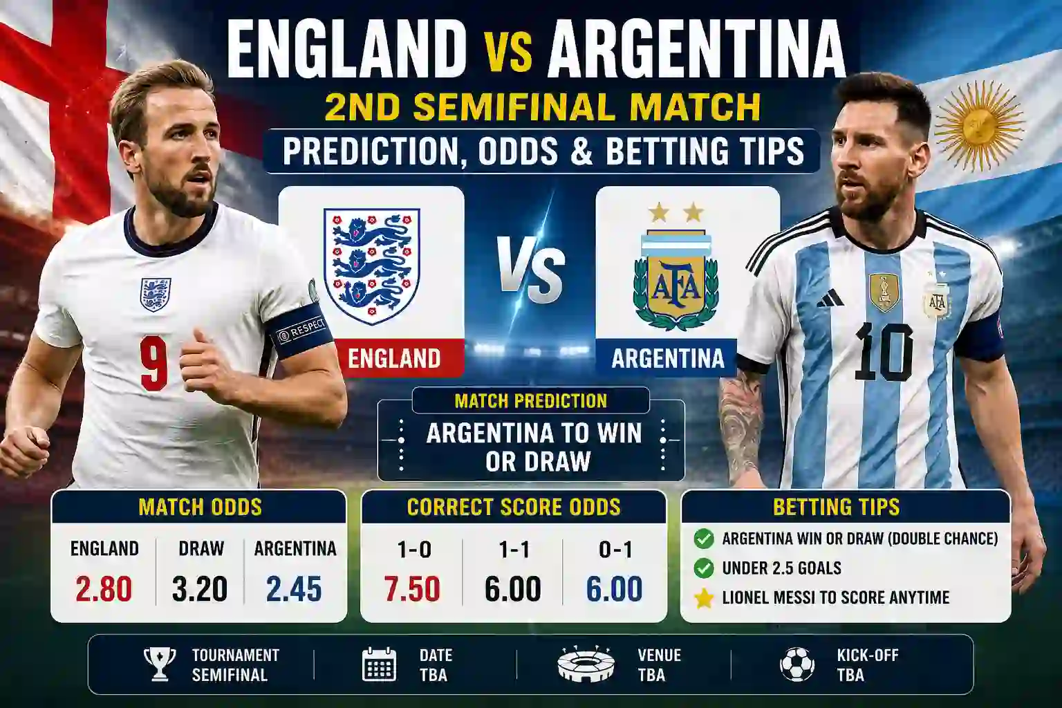 England vs Argentina 2nd Semifinal Match Prediction, Odds & Betting Tips
