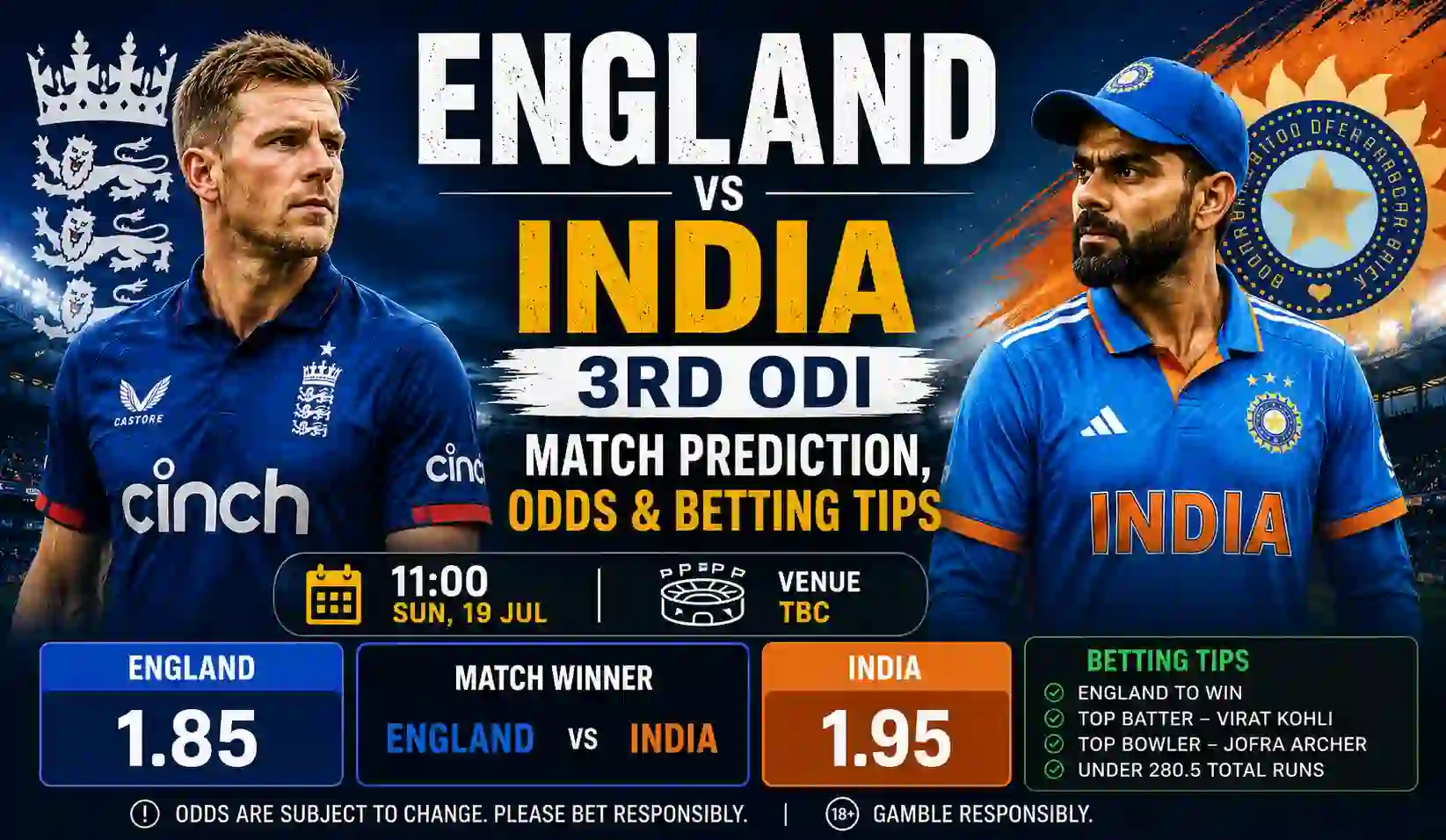 England vs India 3rd ODI Match Prediction, Odds & Betting Tips