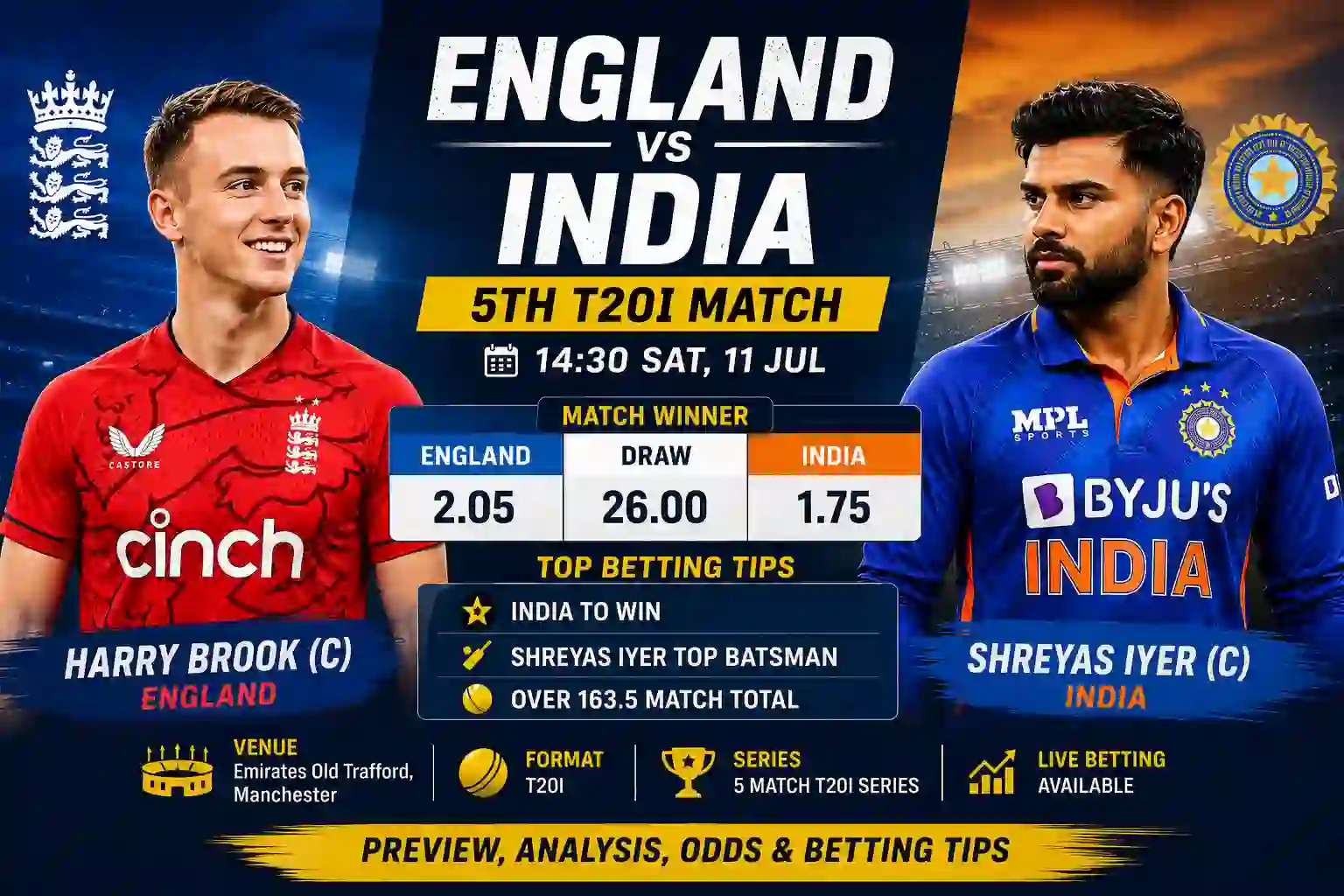 England vs India 5th T20I match Prediction, Odds & Betting Tips