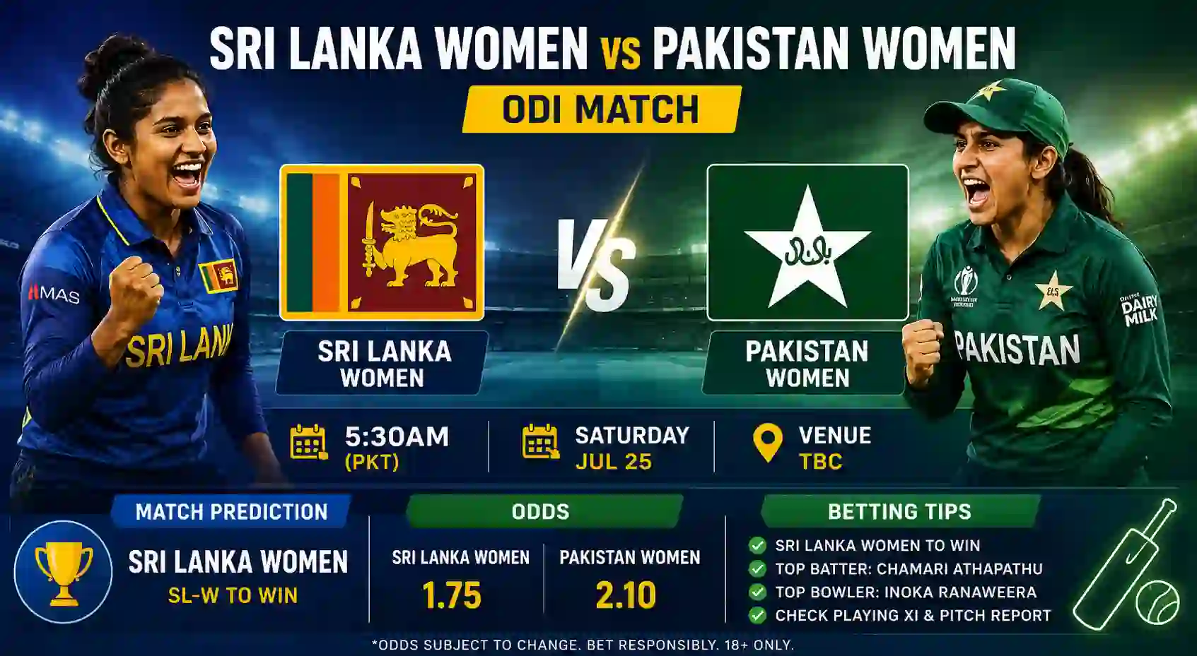 Sri Lanka Women vs Pakistan Women ODI Match Prediction, Odds & Betting Tips