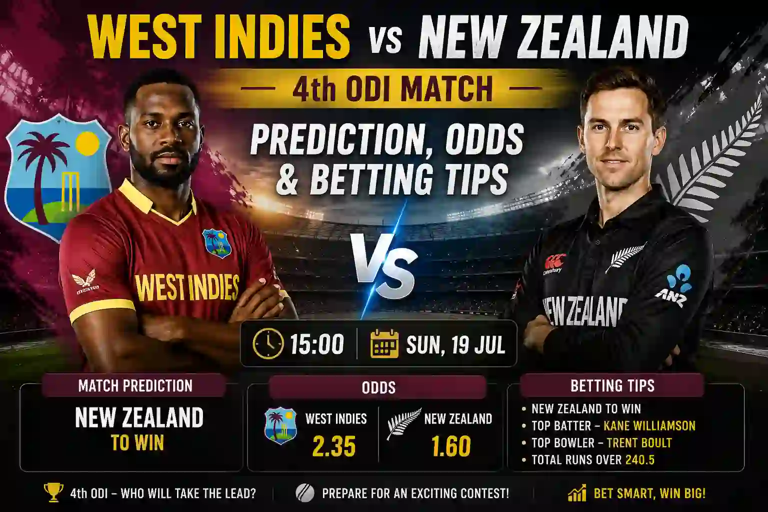West Indies vs New Zealand 4th ODI Match Prediction, Odds & Betting Tips