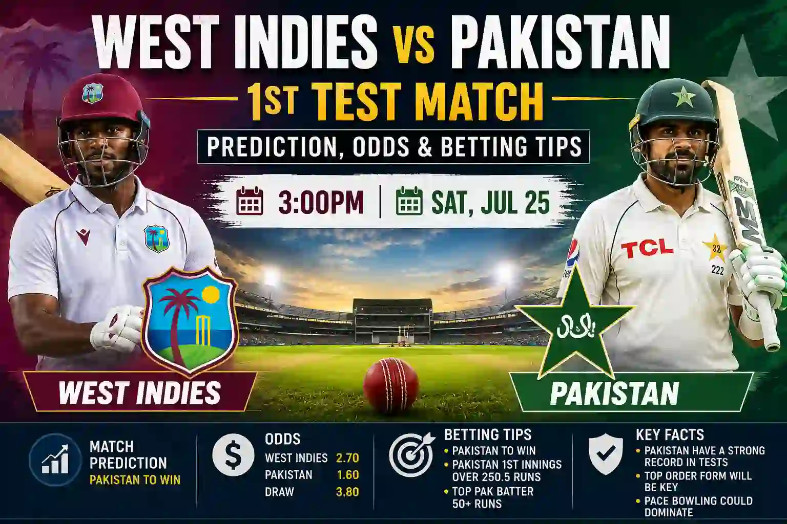 West Indies vs Pakistan 1st test Match Prediction, Odds & Betting Tips