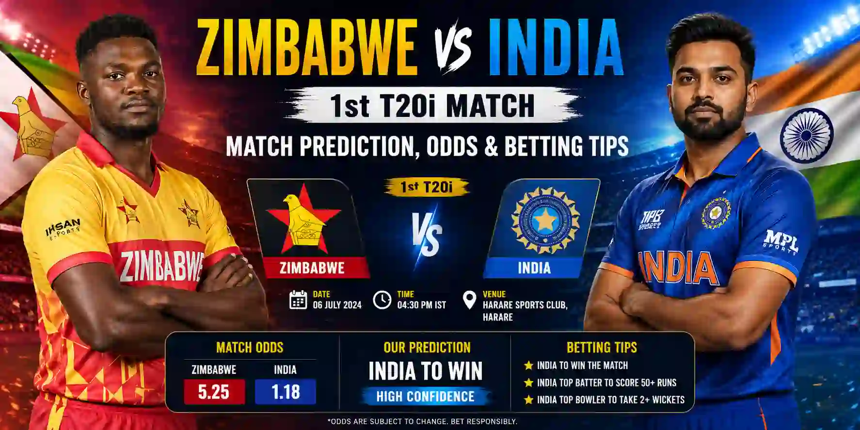 Zimbabwe vs India 1st T20i Match Prediction, Odds & Betting Tips