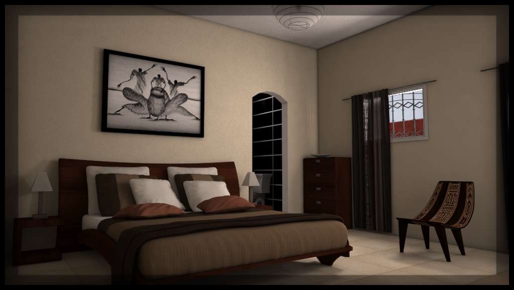 Chambre avec meubles dans le style ethnique africain, lit, décoration