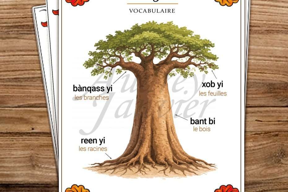 Vocabulaire de l'arbre en wolof - collection Jangal (branches, racines, feuilles) Carte de nomenclature