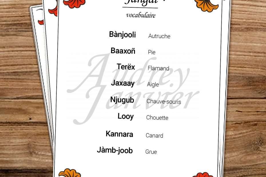 Carte de nomenclature bilingue français et wolof, pour apprendre les noms des oiseaux. Activité proposée par Jangal
