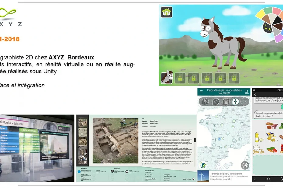 production d'interfaces UI / UX, en 2D, pour des projets en réalité virtuelle ou augmentée, avec Unity 3D, pour Axyz, Bordeaux - CV d'Audrey Janvier