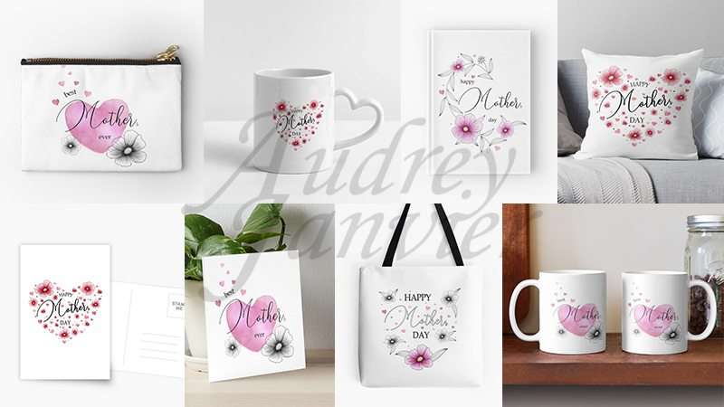 Produits à shopper pour la fête des mères, coeurs et fleurs de cosmos, design par Audrey Janvier, collection Cosmos Vibes