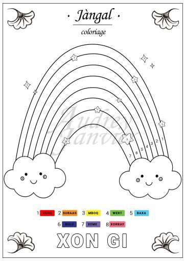 coloriage de l'arc-en-ciel, xon gi en wolof - collection Jàngal d'activités manuelles et de loisirs créatifs pour les enfants pour apprendre le nom des couleurs