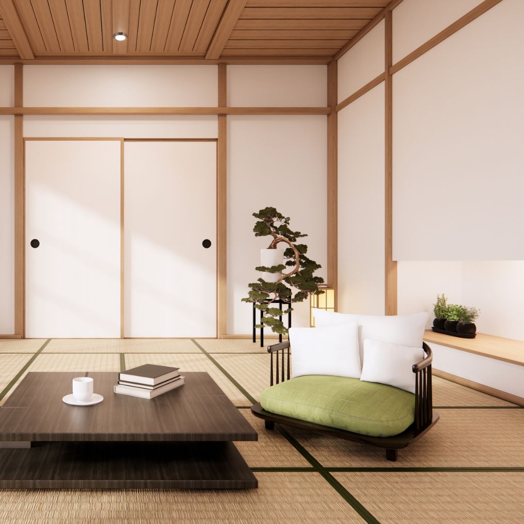 Japandi stol med naturnära design och naturliga material i sällskapsrum Japandi stol med naturnära design och naturliga material i sällskapsrum.